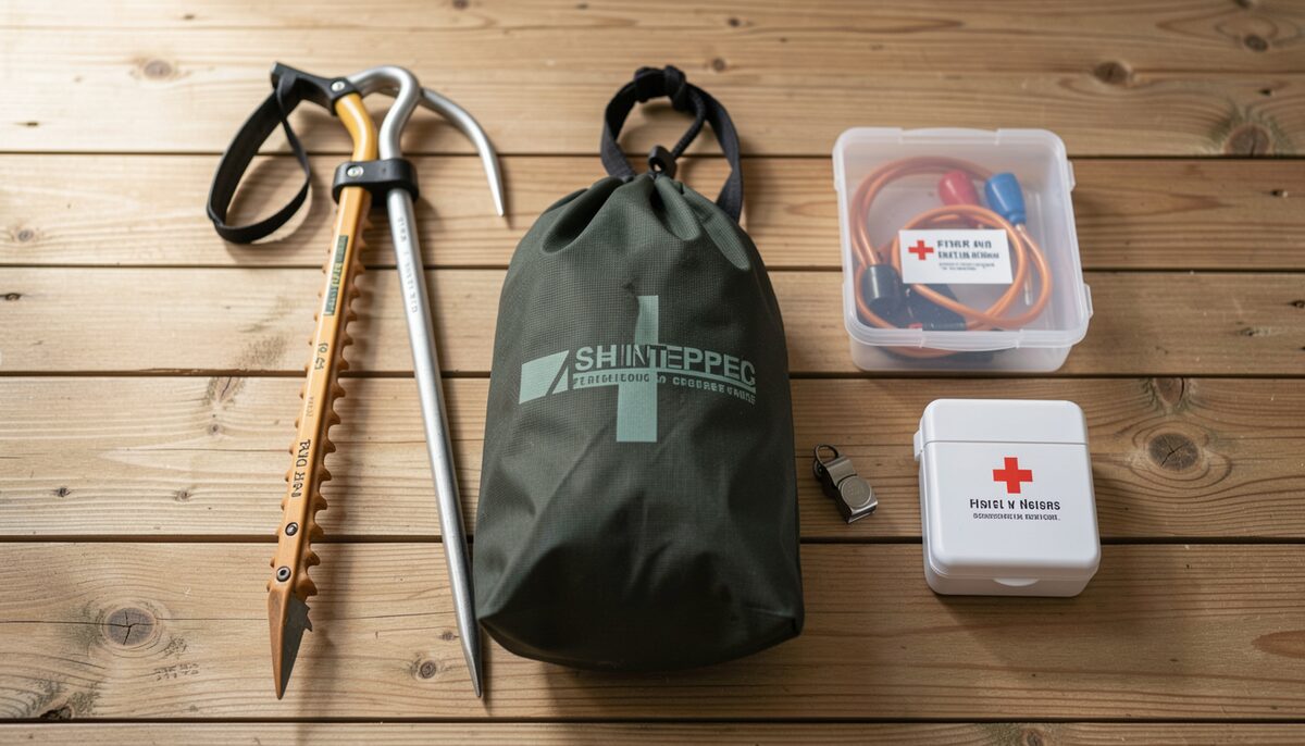 Pics à glace, sac de lancer, sifflet et petite trousse de premiers secours disposés sur une surface en bois. Image illustrative, générée par IA.