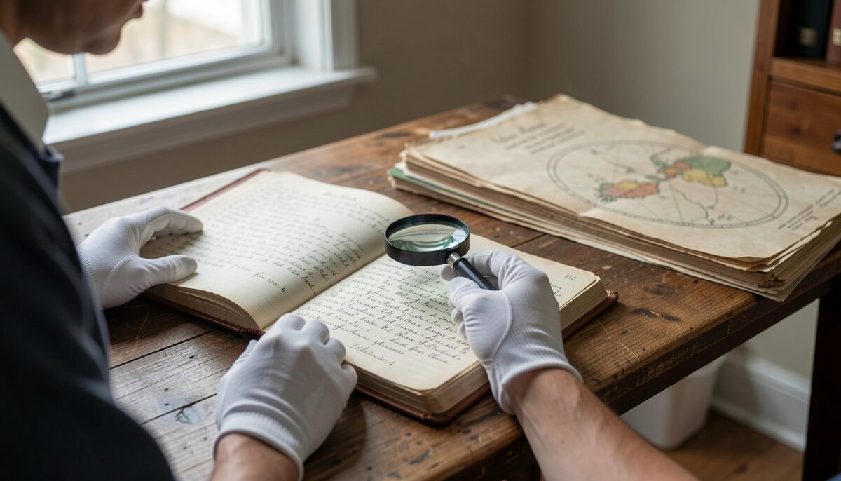 Archiviste en gants blancs examinant un registre manuscrit ouvert sur une table, avec une loupe et une pile de cartes anciennes à proximité. Image illustrative, générée par IA.