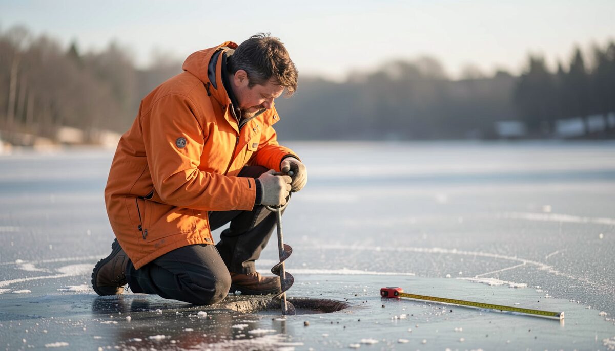 Chercheur en parka orange agenouillé sur un lac gelé, perçant un trou avec une tarière manuelle, un mètre ruban posé à côté. Image illustrative, générée avec IA.