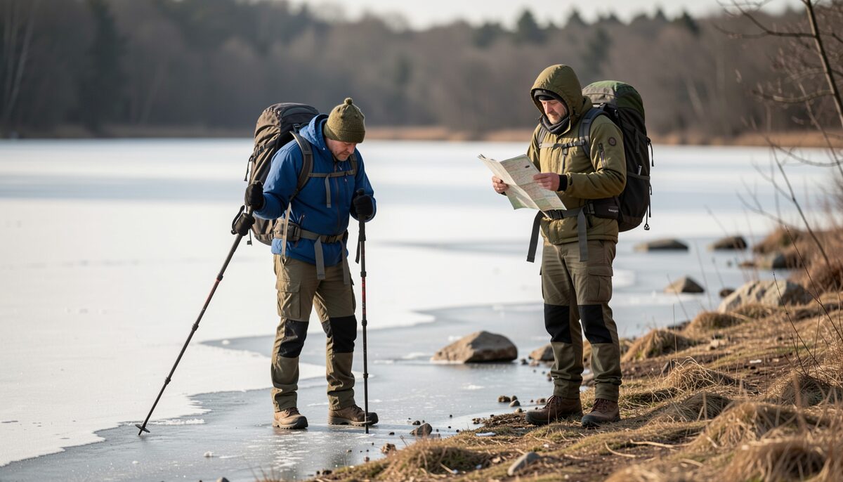 Deux randonneurs testent la glace au bord d'un lac gelé avant de s'engager. Image illustrative, générée avec IA.
